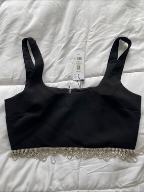 Dynamite Black Crop Tank with Silver Beaded Fringe